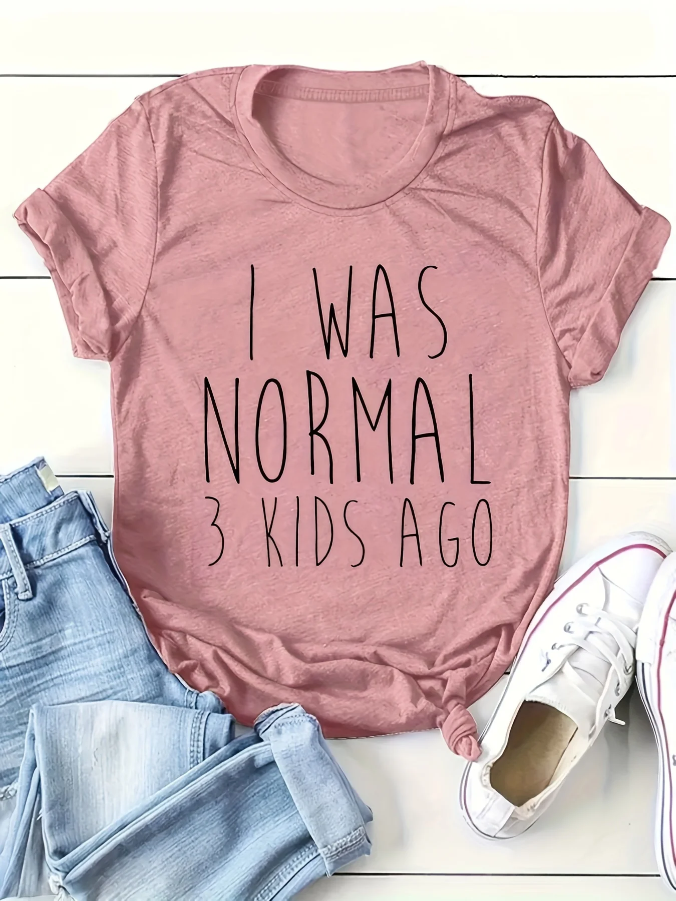 

Plus - Size Women's Pink Short - Sleeve T - shirt, Mom Life “3 Kids Ago” Text Print, Relatable & Cute
