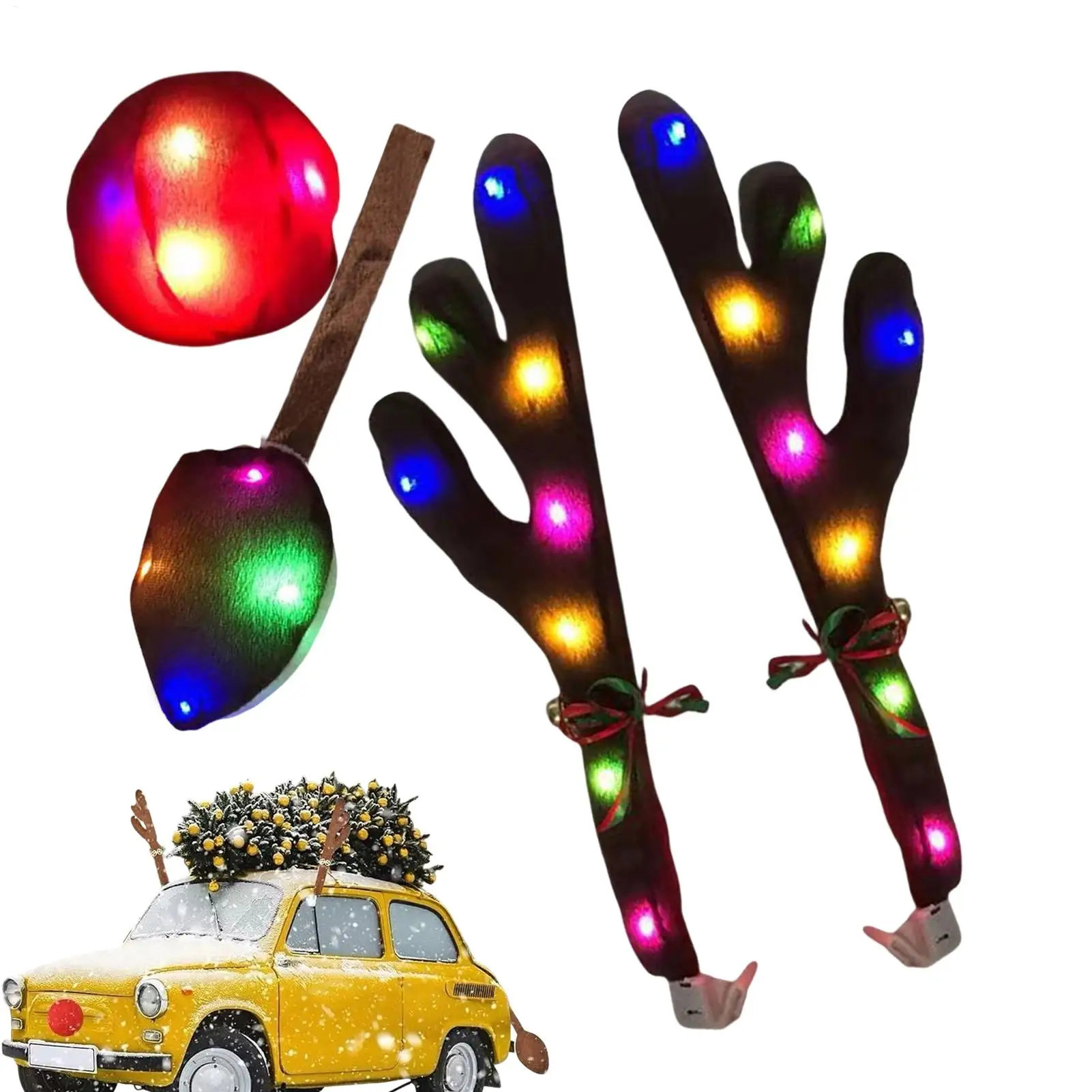 Christmas Car Decor Light Up Reindeer Antlers Kit with Red Nose & Tail for SUV Truck Automotive Holiday Party