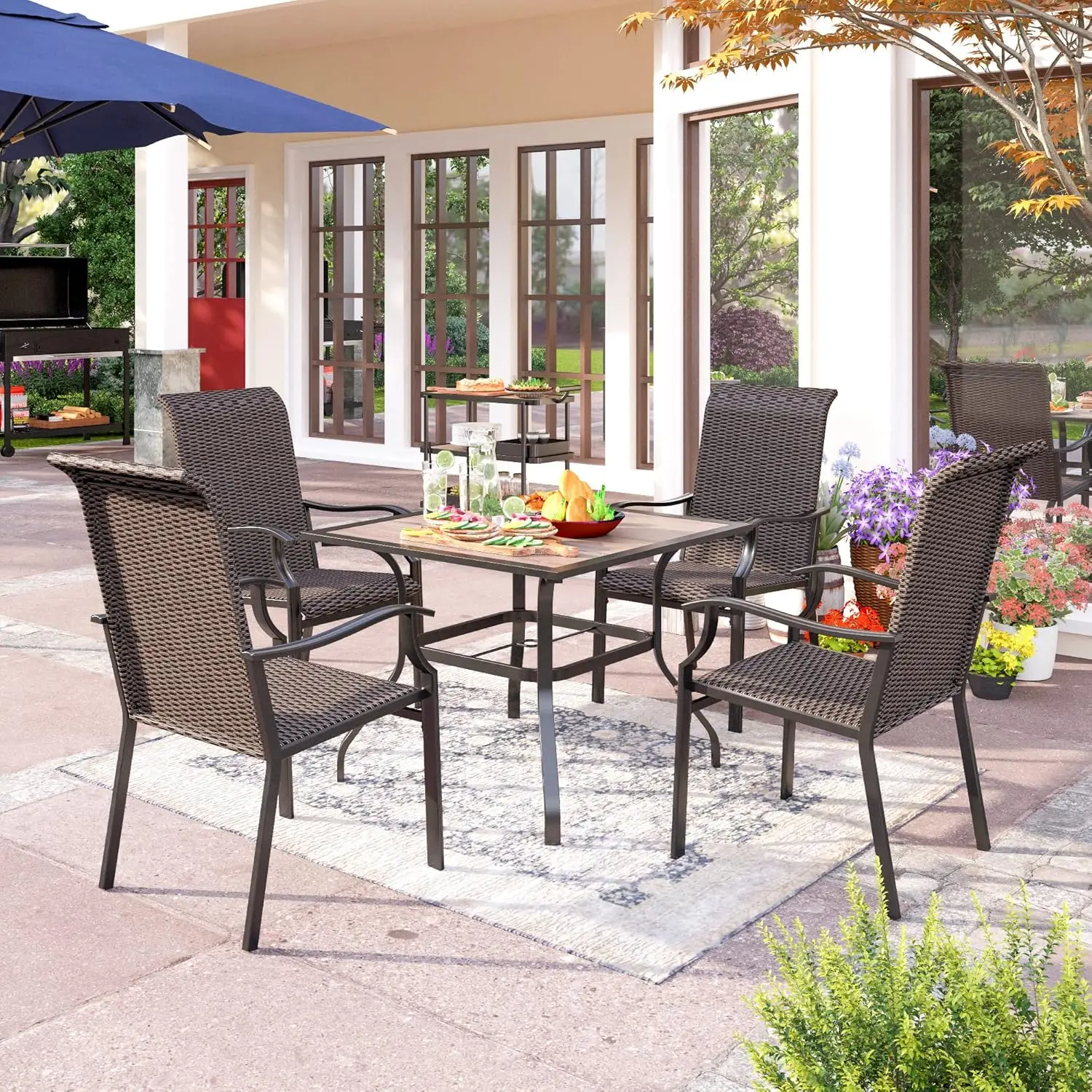 Outdoor Rattan Dining Chairs Set of 4, Extra Large High Back Wicker Armchairs with Steel Frame