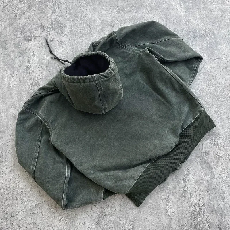 America Retro Hip-hop Flax Green Mens Zipper Hoodie Washed Loose Hooded Sweatshirt Workwear Hoodies Windproof Distressed Jacket