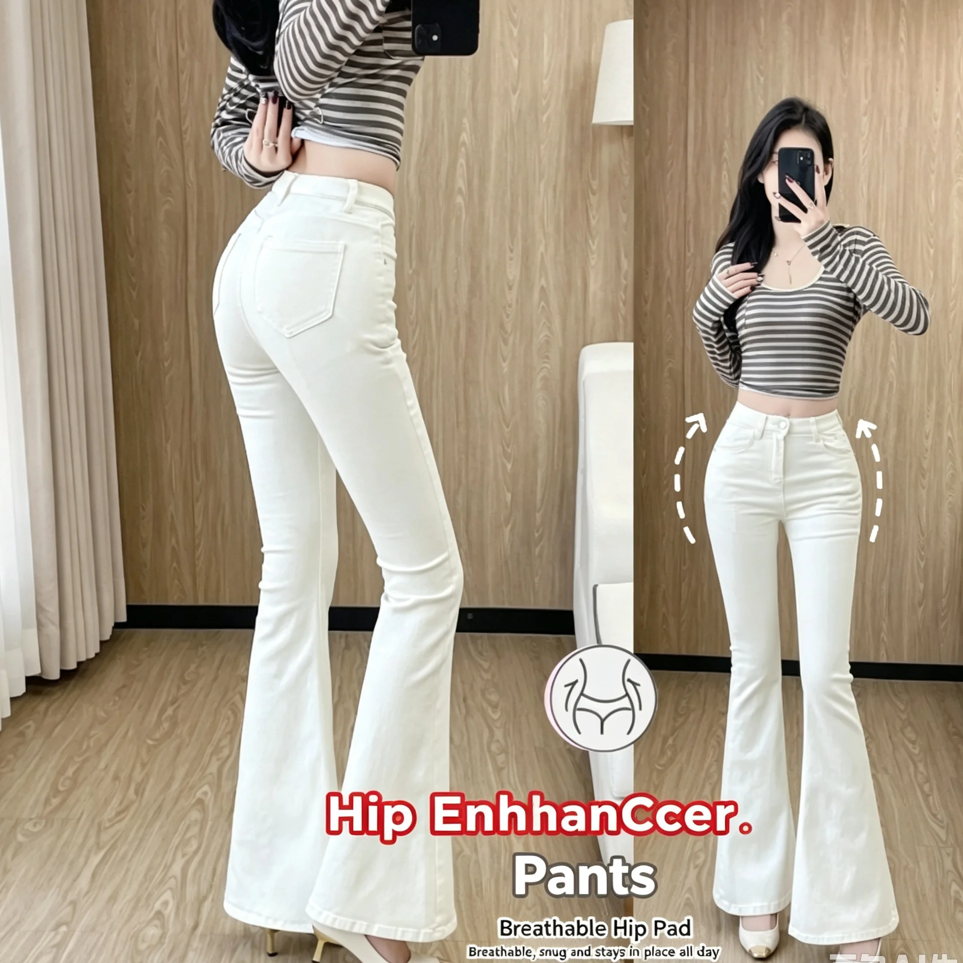 Women's High‑Rise Hip‑Enhanced Flare Denim Long Pants, Stretchy Slim‑Fit White Washed Skinny Jeans