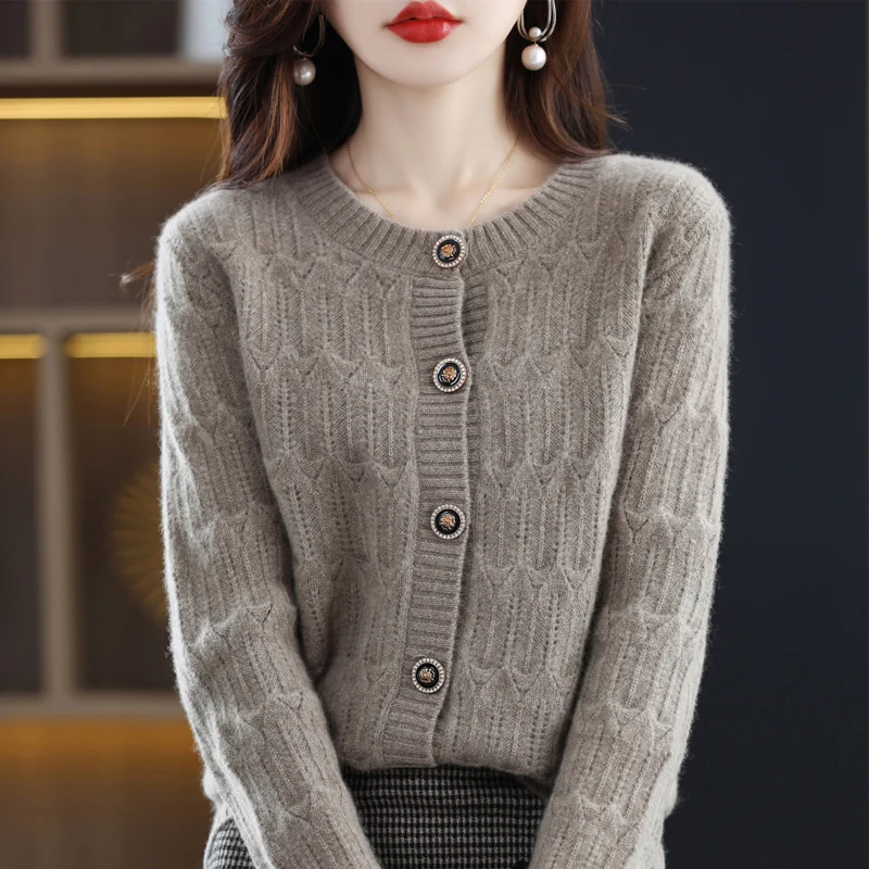 100% pure wool spring and autumn new round neck solid color knitting fashion loose cardigan coat woman