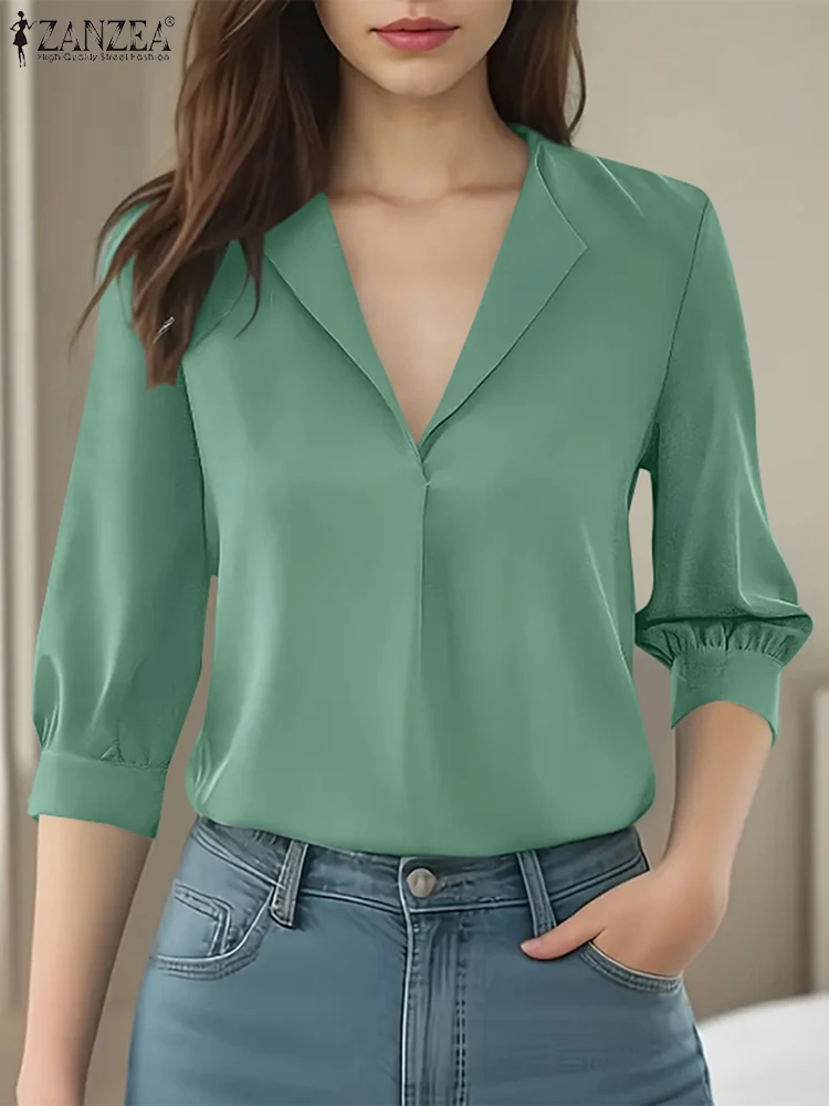 

2025 ZANZEA Summer Fashion Shirt Office Women Blouses Elegant V Neck 3/4 Sleeve Work OL Blusas Casual Solid Party Tops Tunic