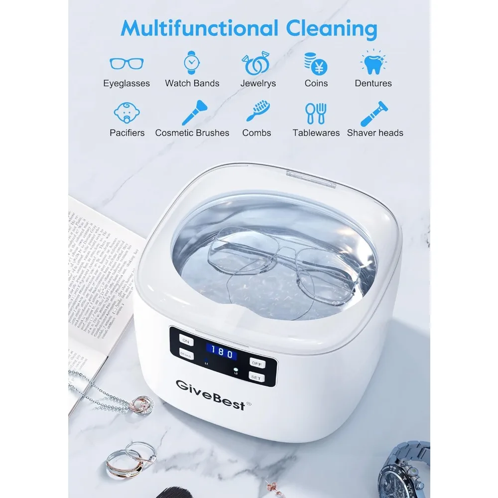 Ultrasonic Cleaners,25 OZ Jewelry Cleaner with 5 Digital Timer and Degassing Function, for Rings, Necklaces, Eyeglasses, Coins