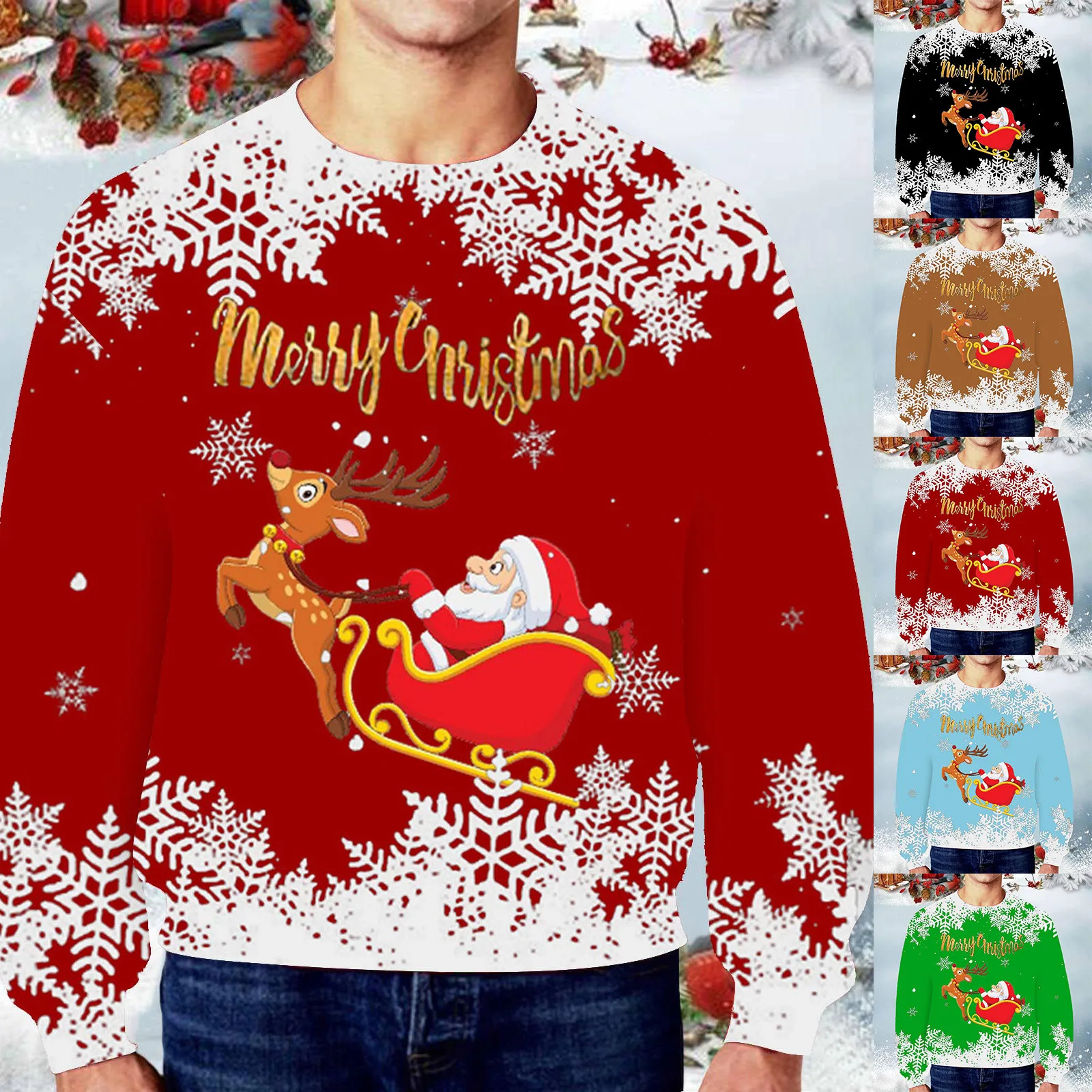 Merry Christmas Sweatshirts Men's Winter Autumn Santa Deer Snowflake Print Blouse Casual Long Sleeved Round Neck Pullover Top