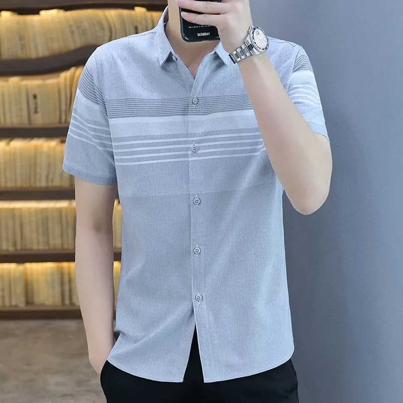 High Quality Men T Shirt Grey Light Green Short Sleeve For Male Summer Cotton Lapel Buttoned Tops Cotton Shirt Dropship Top