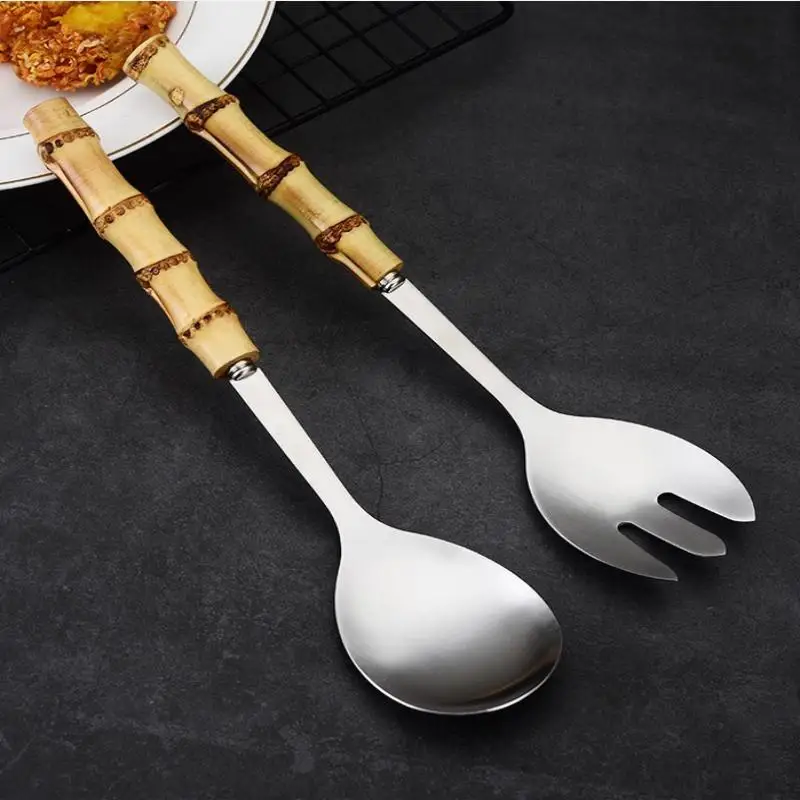 1pcs Bamboo Handle Dinnerware Salad Fork Spoon Cutlery Mirror Stainless Steel Flatware Western Home Kitchen Tableware