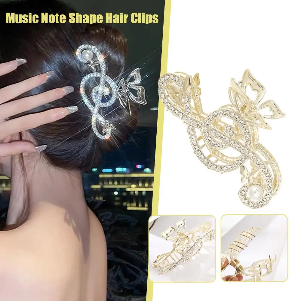 Horquilla elegante con nota Musical para mujer, tocado de pelo de mariposa, Clip tipo perla, diamantes de imitación, tiburón, purpurina de lujo, P5T6