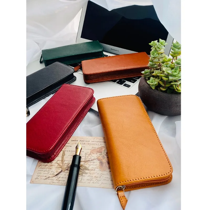 Office Student Cowhide Retro Crazy Horse Leather Square Zipper Pencil Case Creative Large Capacity Ticket Storage Box