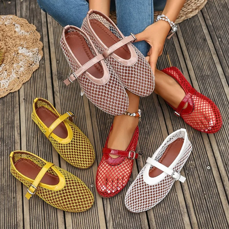 

In Summer Wear Round Toe Straight Buckles Casual and Comfortable Women's Flats Cut-out Mary Jane Single Shoes Fishnet Shoes