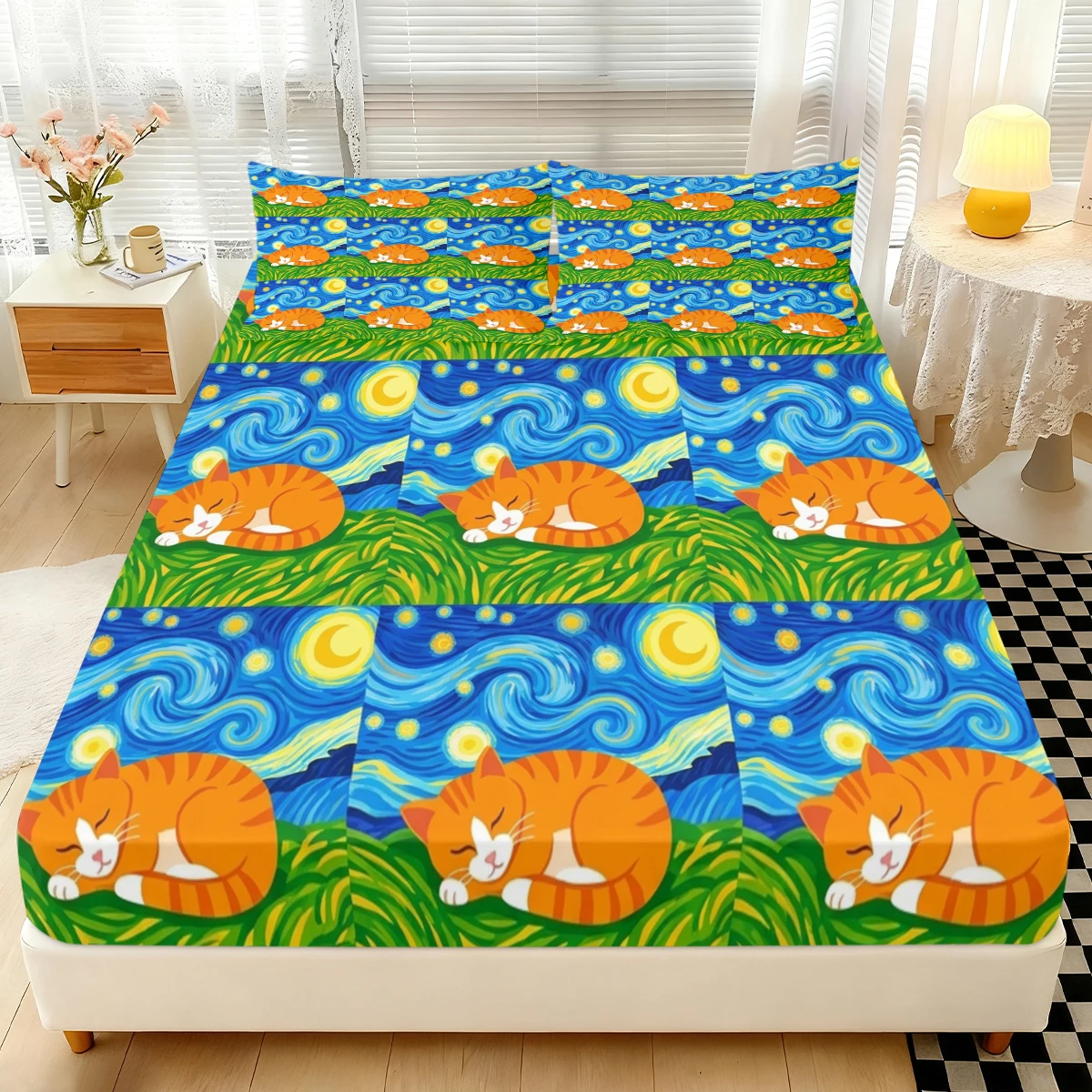 Art Painting Starry Kitten Fitted Sheet 3PCS, Patchwork Grid Sleeping Orange Tabby Cat Elastic Mattress Cover with Pillowcases