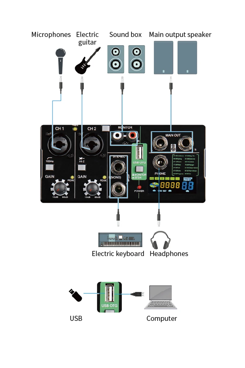 جهاز مزج الصوت AMIXS مع 2 ميكروفون لاسلكي وبطاقة صوت و4 قنوات بلوتوث DJ وحدة تحكم الصوت #5