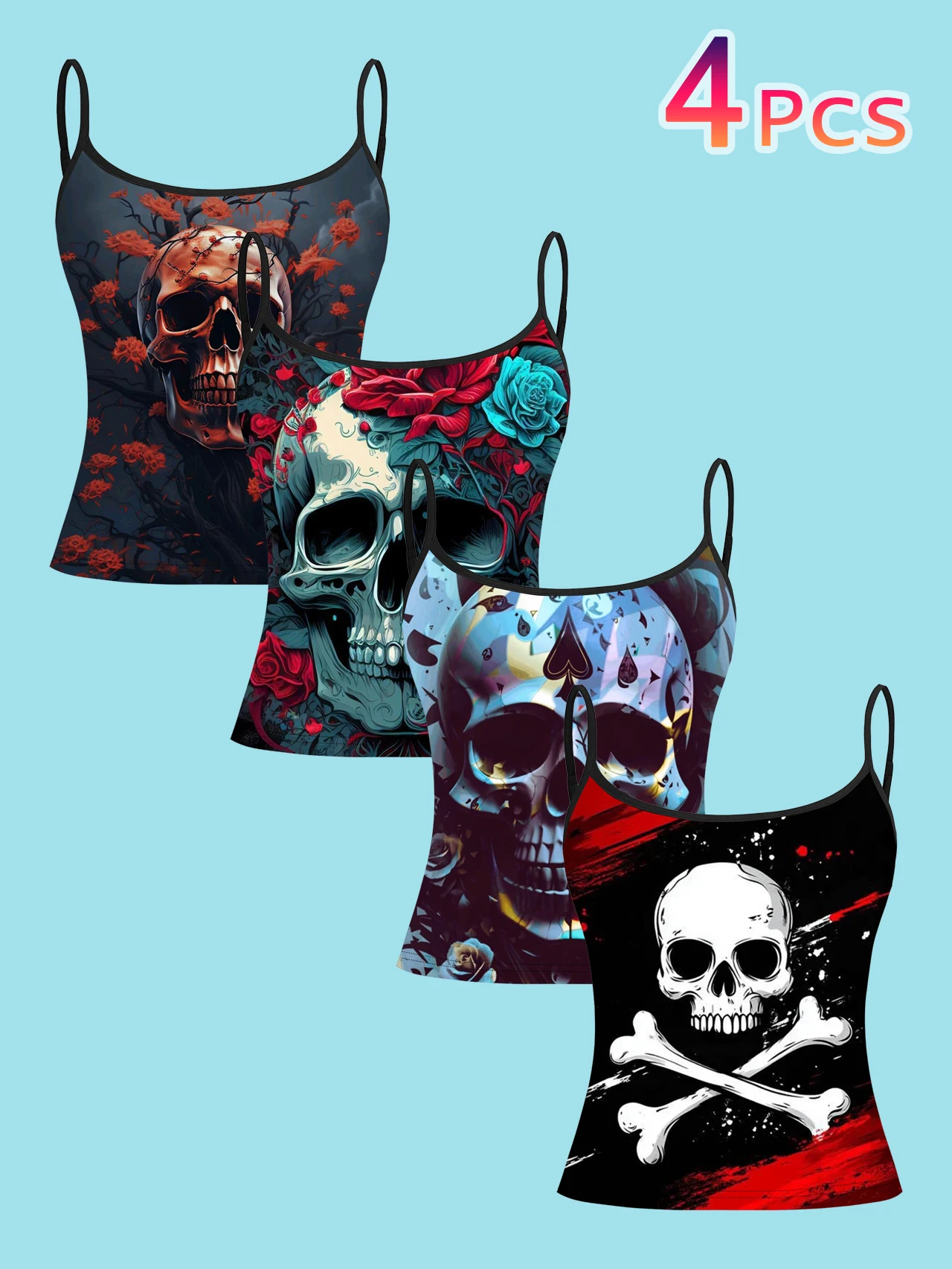 4-Piece Set of Dark Punk Women's Camisoles with Rose Skull, Black Spade Playing Card, and Crossbones Art Print, Slim-Fit Spaghetti Strap Short Camisole Tops