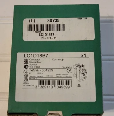 

Brand new LC1D18 LC1D18B7 LC1D18B7C AC-3/3e, =440V, 18A, 24V AC 50/60Hz coil, screw clamp terminals Fast delivery