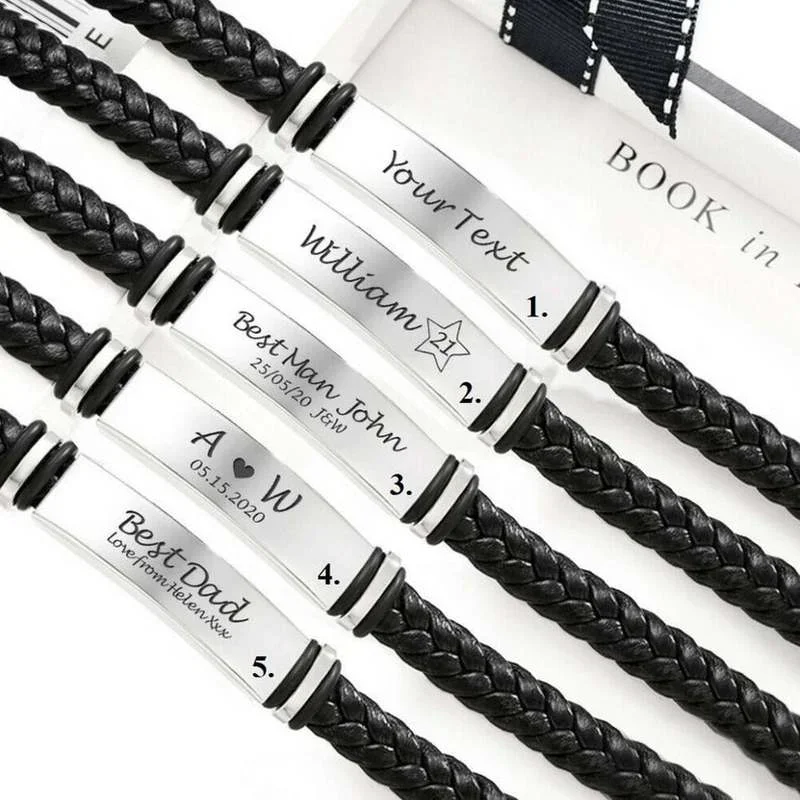 Custom Personalised Engrave Men Leather Bracelet Gift for Boyfriend Husband Brother Father Son   Grey s