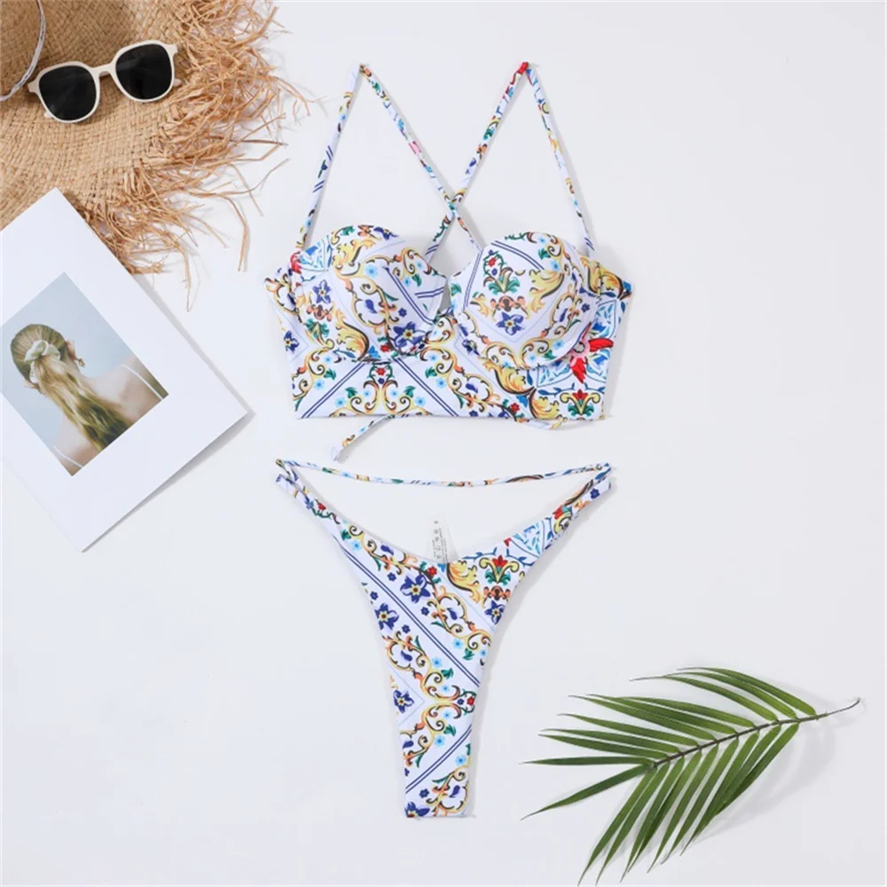 

Drawstring Backless Bikini Sling Push Up Swimsuit Retro Print Swimwear Pads Women Bathing Suit Beach Micro Tanga Vacation Outfit