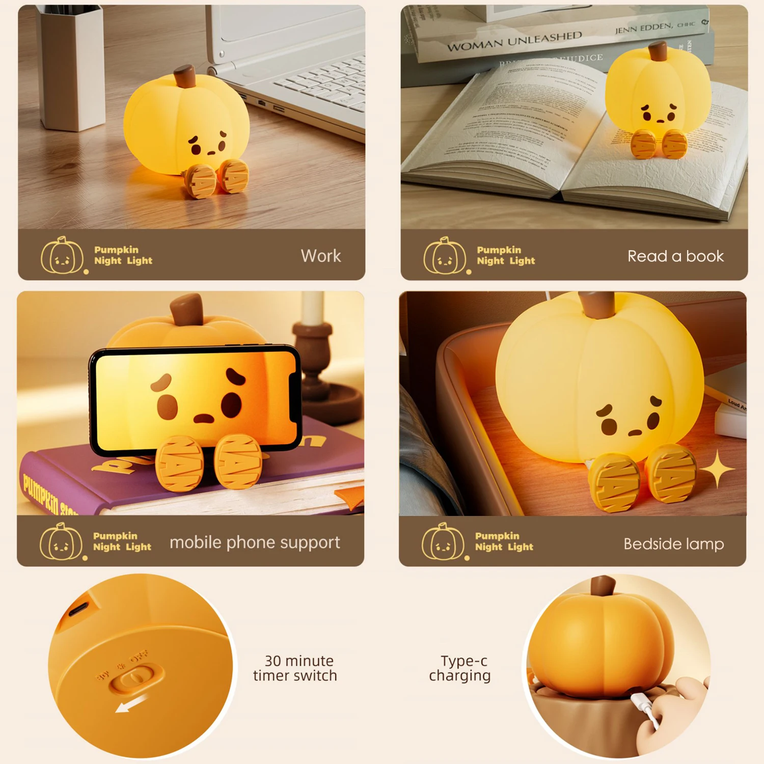 Cute Pumpkin LED Night Light Cartoon Silicone Lamp USB Rechargeable Timing Sleeping Lamp Bedroom Decoration for Children