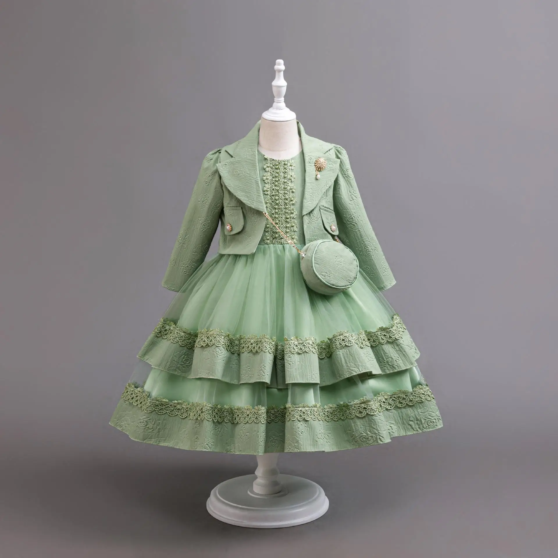 

HETISO Green Baby Girls Princess Dress with Coat Bag Autumn Winter Kids Party Clothing Elegant Girl Children Beading Outfit