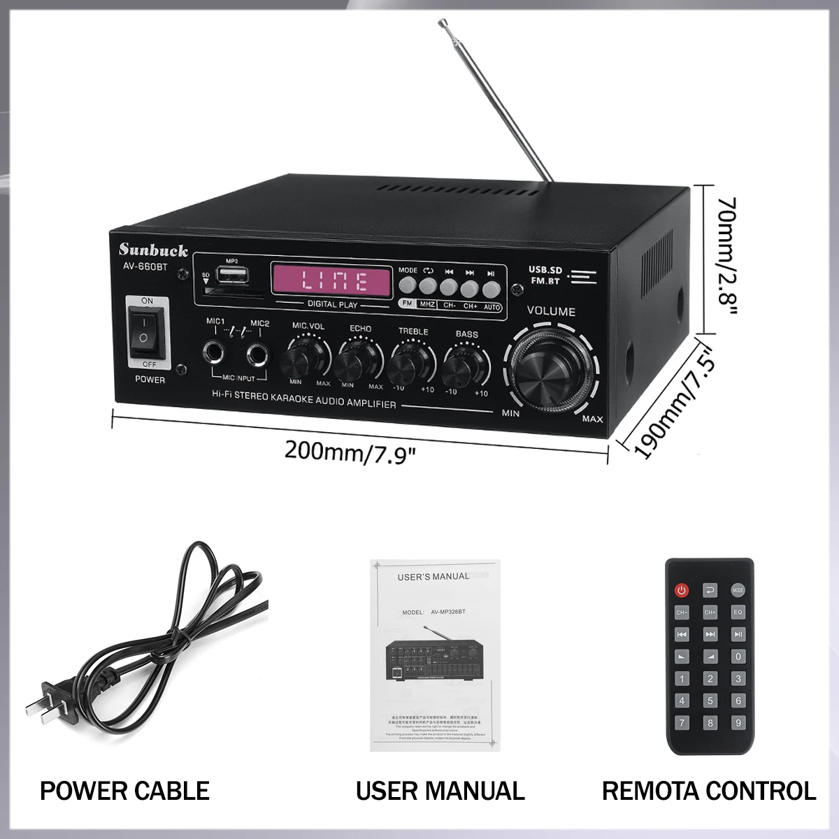 AMPLIFICADOR DE POTENCIA para coche, amplificadores de Audio para cine en casa de 2,0 canales, CC de 12V, 110V/220V, compatible con EQ, FM, SD, USB, 2 micrófonos, 5,0, bluetooth