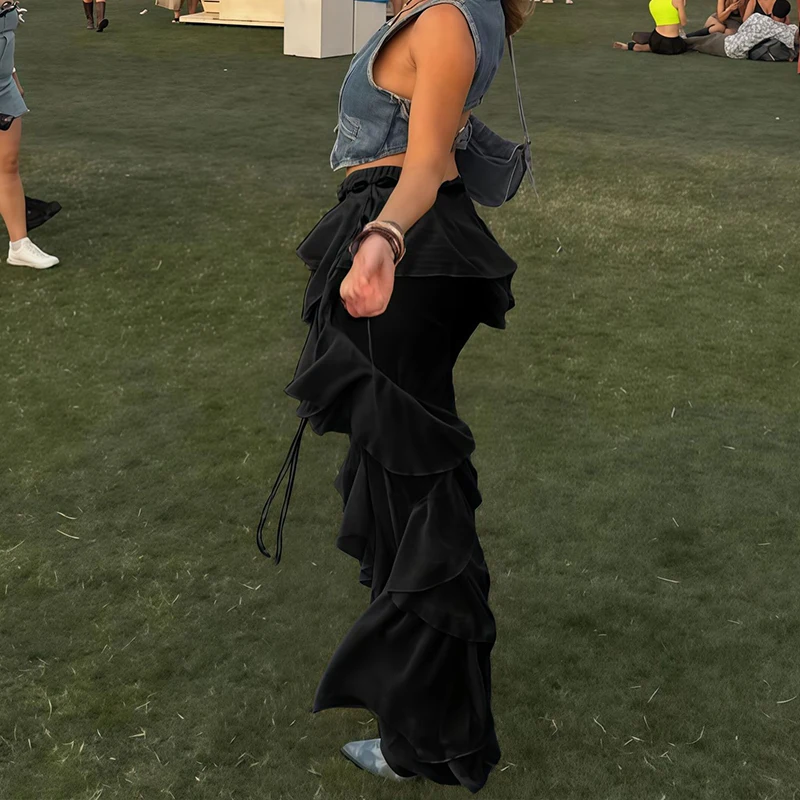 Irregular Tierred Flare Pants Women Y2K Patchwork Chiffon See Through Summer Hipster Wild Basic Streetwear Classic Trousers