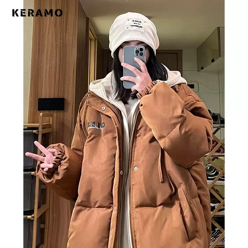 2023 Autumn Winter American Retro Single Breasted Parkas Women Casual Outerwear Fashion Warm Jacket Thick Lewtter Print Coat