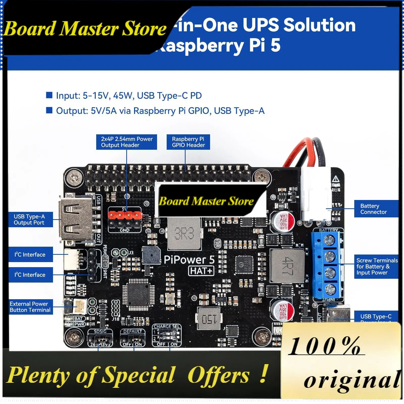 BoMaSPiPower 5 Raspberry Pi 5/4B/3B+/Zero 2 W UPS HAT, 5V/5A Power Supply, Safe Shutdown, Smart Alert For NAS, Server, Home Assi