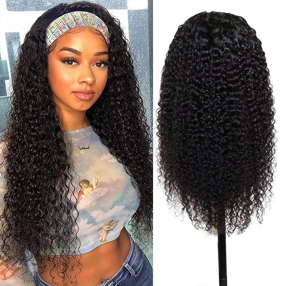 

Curly Headband Wig 40 Inch Long Jerry Curly Headband Natural Black Color Human Hair Wigs for Women Glueless None Lace Front Deep Wave Wigs Wear and Go Wet and Wavy Headband Half Wigs for Daily Party Use