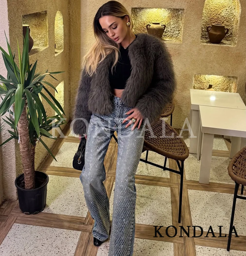 

KONDALA женское серое короткое меховое пальто с круглым вырезом, вечеринка в канун Рождества, куртка из искусственного меха, осень-зима 202, модная уличная женская куртка Y2K