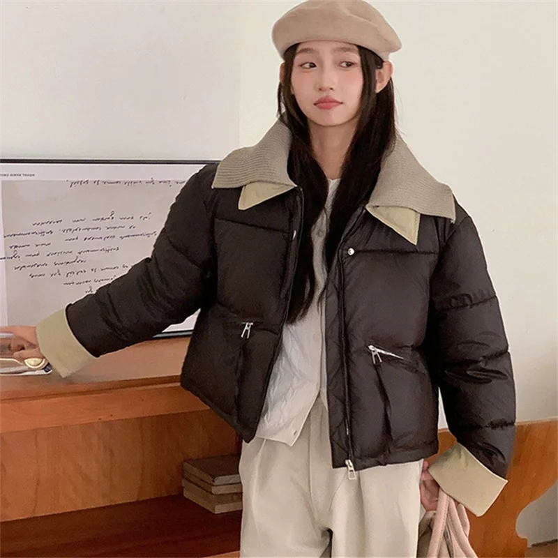 

Knitted Collar Short Down Cotton Jacket Women Winter Coat Thickened PU Leather Splicing Cotton Padded Jacket Female Outerwear