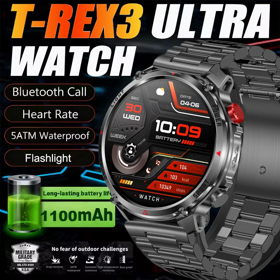 

Новые умные часы T-REX3 Ultra с аккумулятором 1100 мАч, водонепроницаемостью 10ATM, GPS, компасом, фонариком, 1.7-дюймовым AMOLED HD-экраном, функцией звонков и спортивными функциями для мужчин