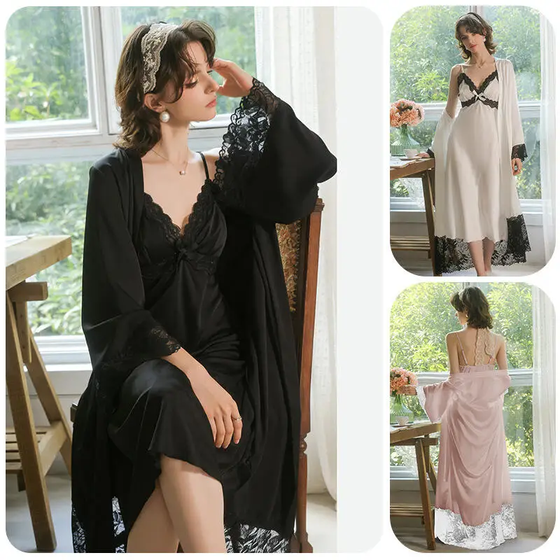 

French Style Satin Twinset Robe Set Lady Sleepwear Lace Patchwork Nightgown Sexy Spaghetti Strap Nightdress Long Robe 2Pcs