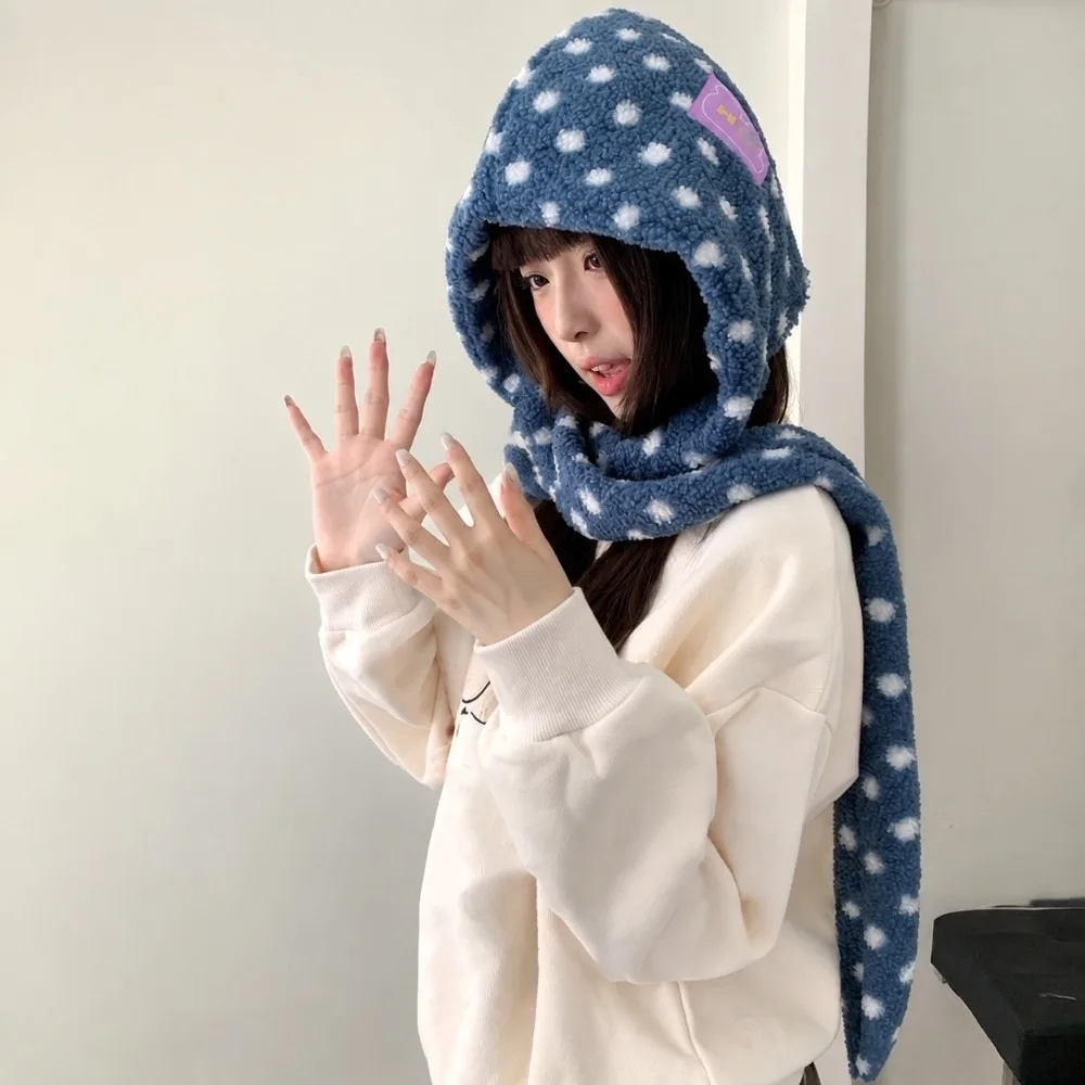 Integrated Design Hooded Scarf Hat Thermal Fabric Soft Fluffy Polka Dot Beanie Loose Fit Pull On Balaclava Cap