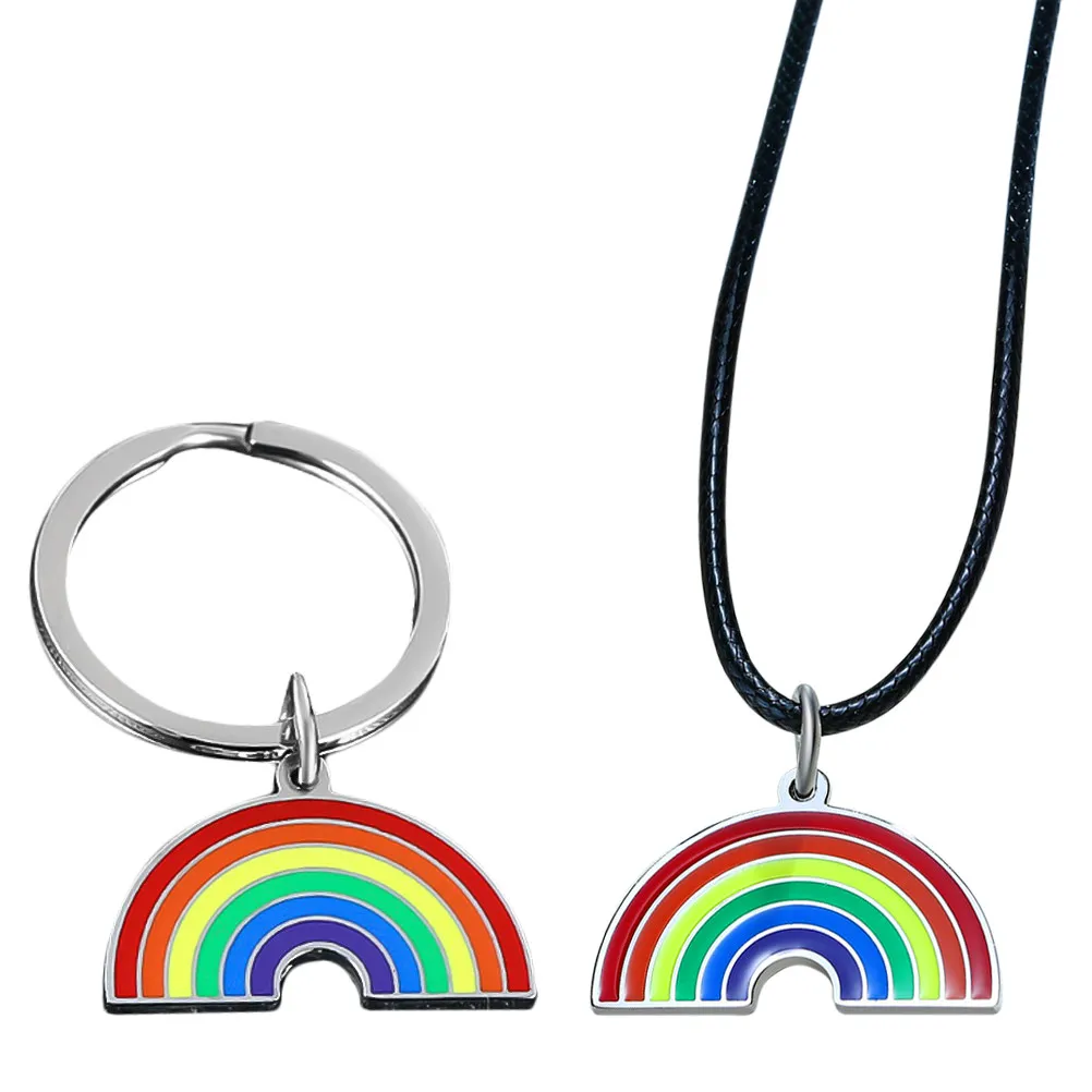 1Set Rainbow Pendant Keychain Stainless Steel Necklace Creative Neck Pendant Daily Use Colorful Key Holder Practical Keychain