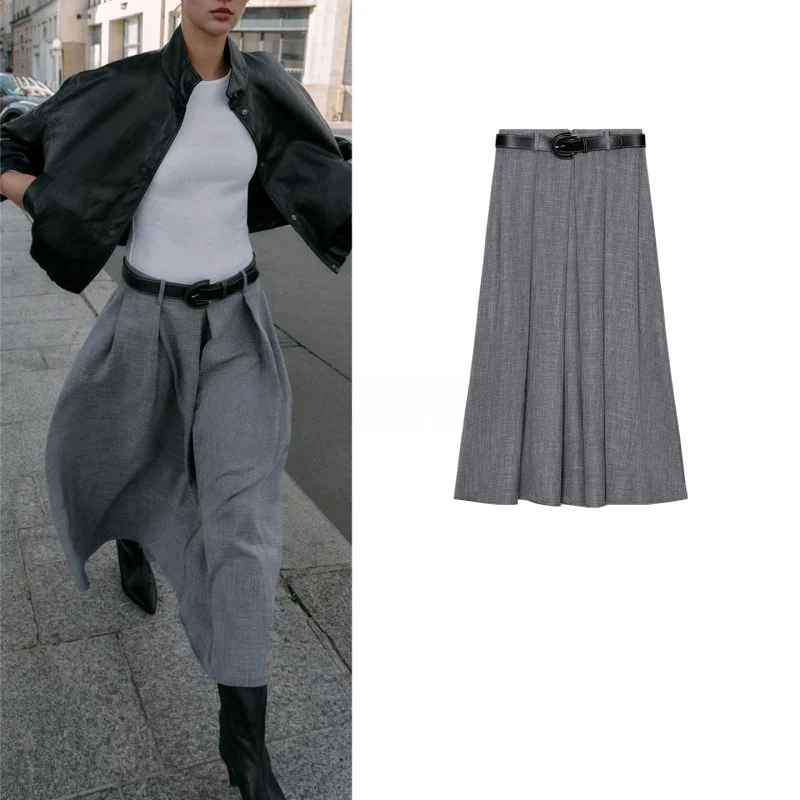 

High Waist A-Line Midi Skirt Autumn Winter New Arrival Women's Faion Pleated Commute Sle Polyester Fiber Loose Fit Skirt