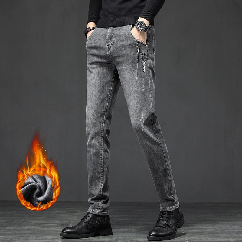 

Men's Winter Warm Stretch Jeans Black Gray Thickened Fleece Washed Denim Straight Trousers Korean Streetwear Style Cozy Pants