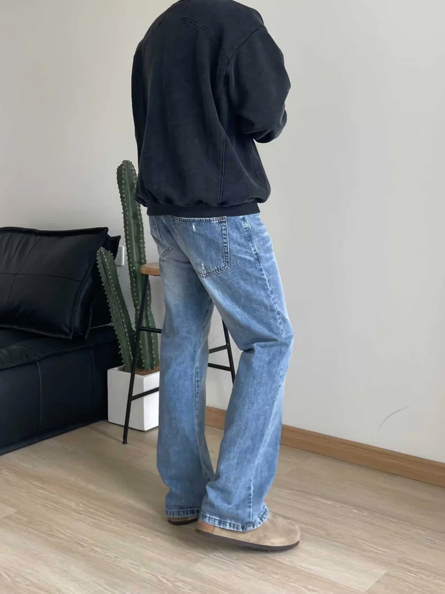 Retro Amerikaans lichtblauw waed distred slim fit herenjeans hoge taille lange broek met rechte pijpen vrijetijdskleding alle seizoenen