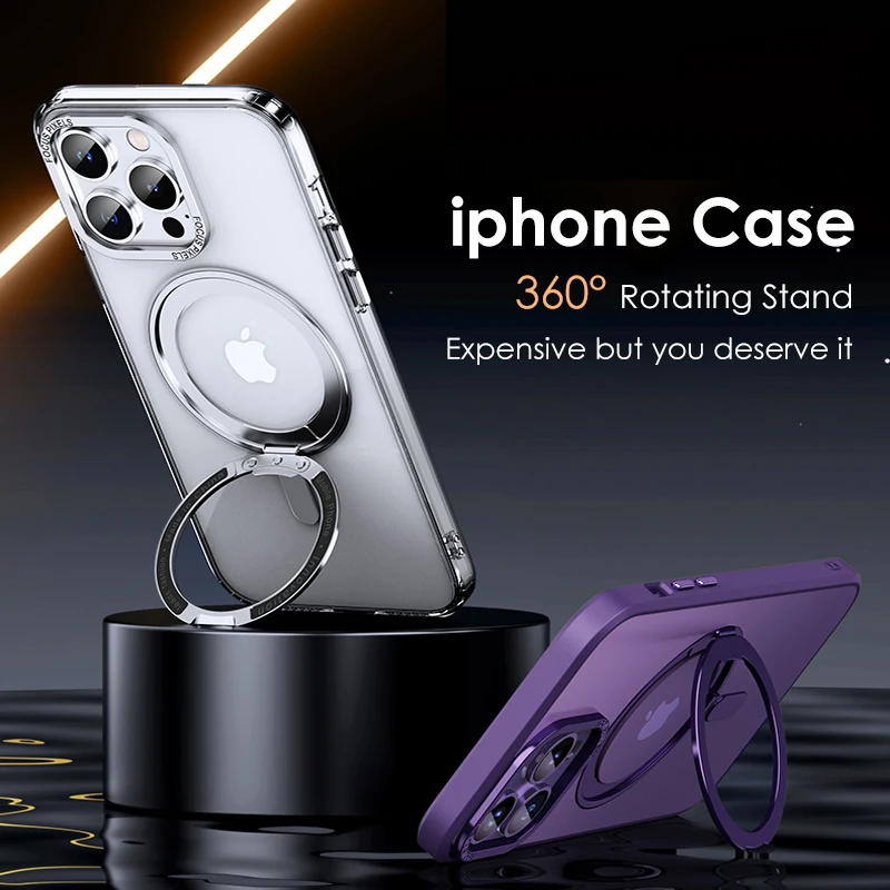 Magnetic Phone Case with Ring Holder, Frosted Transparent Cover, 360 ° Rotation Stand, iPhone 17, 12, 13, 14, 15, 16 Pro Max, 16