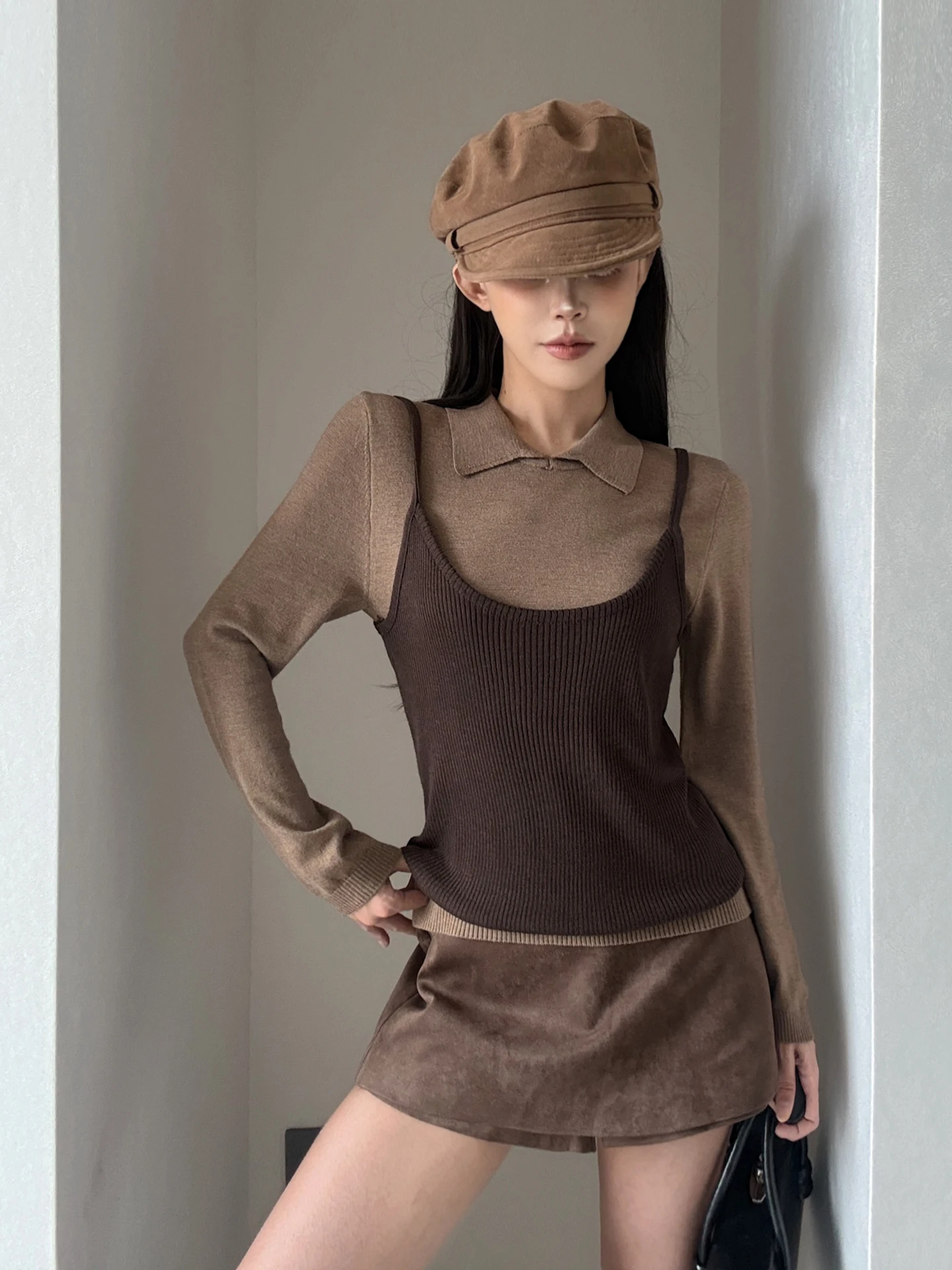 MianCun Korean Style High Intelligence Knitted Sweater Color Block Slim Fit Long Sleeve Collar Top Two-Piece Set Women's Fashion