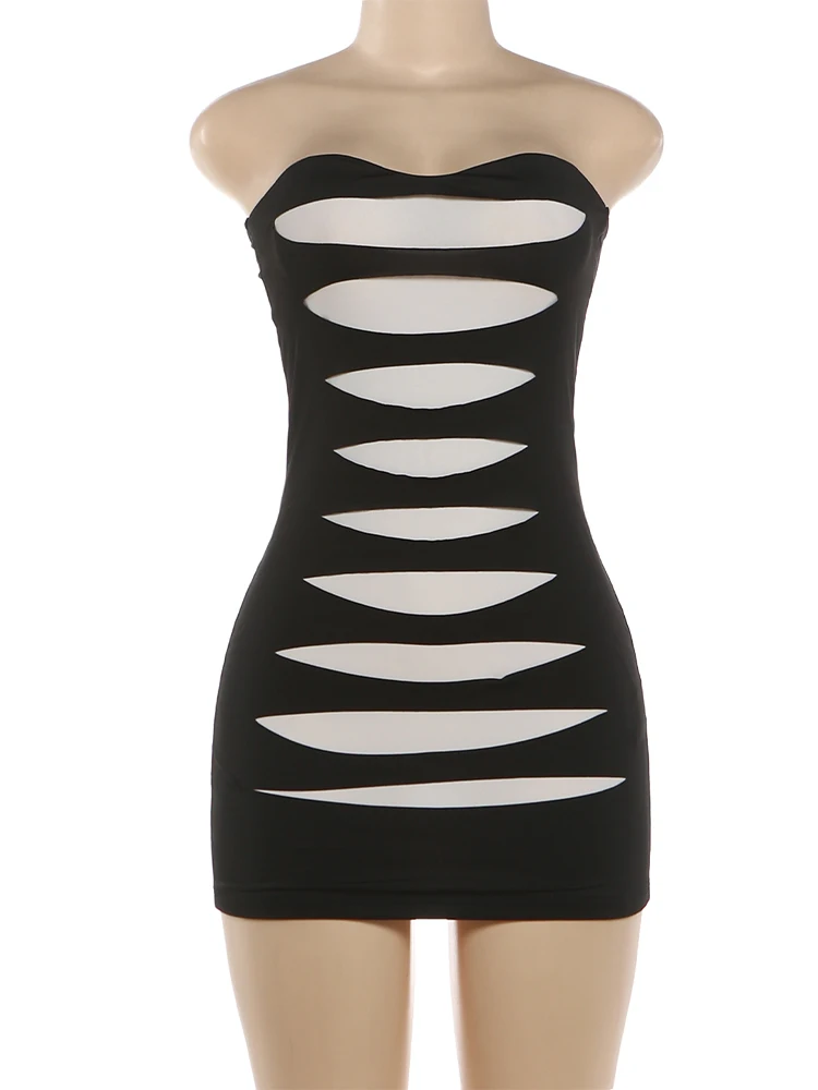 Kliou Patchwork Hollow Mini-Kleid Damen Sexy Wickel-Oberteil Rückenfreies Ärmelloses Figurbetontes Pfirsichfarbenes Hüft-Kleid für Abend Club Party Mode Bodycon – Detail 3