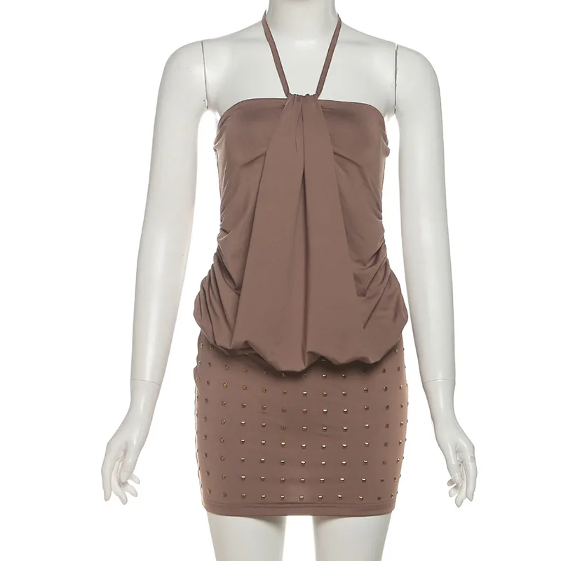 SylCue-minivestido elegante fruncido para mujer, vestido Halter con hombros descubiertos y espalda descubierta, moda urbana más delgada, ropa de estilo versátil Y2K