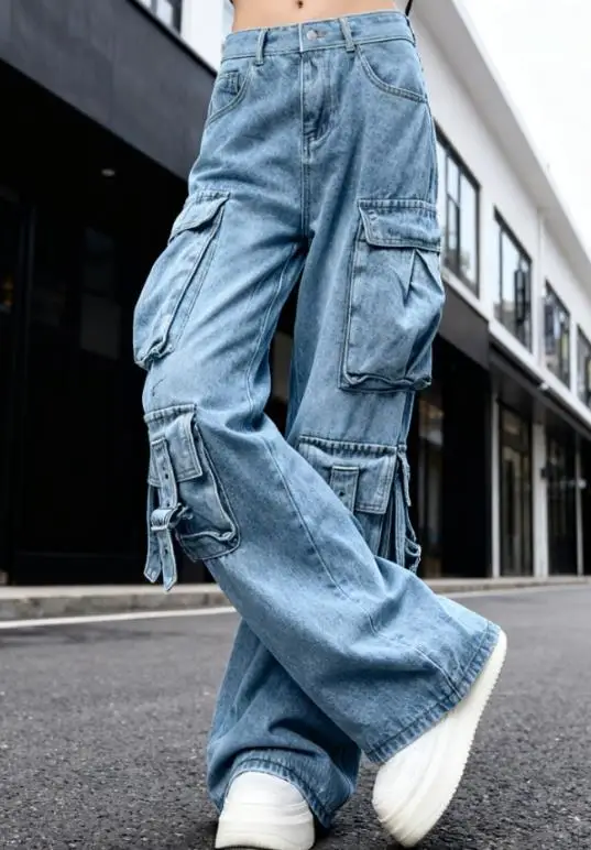 

2025 Fashionable High Waisted Multi Pocket Design Workwear Style Jeans for Women, Fashionable High Street Style Workwear Jeans