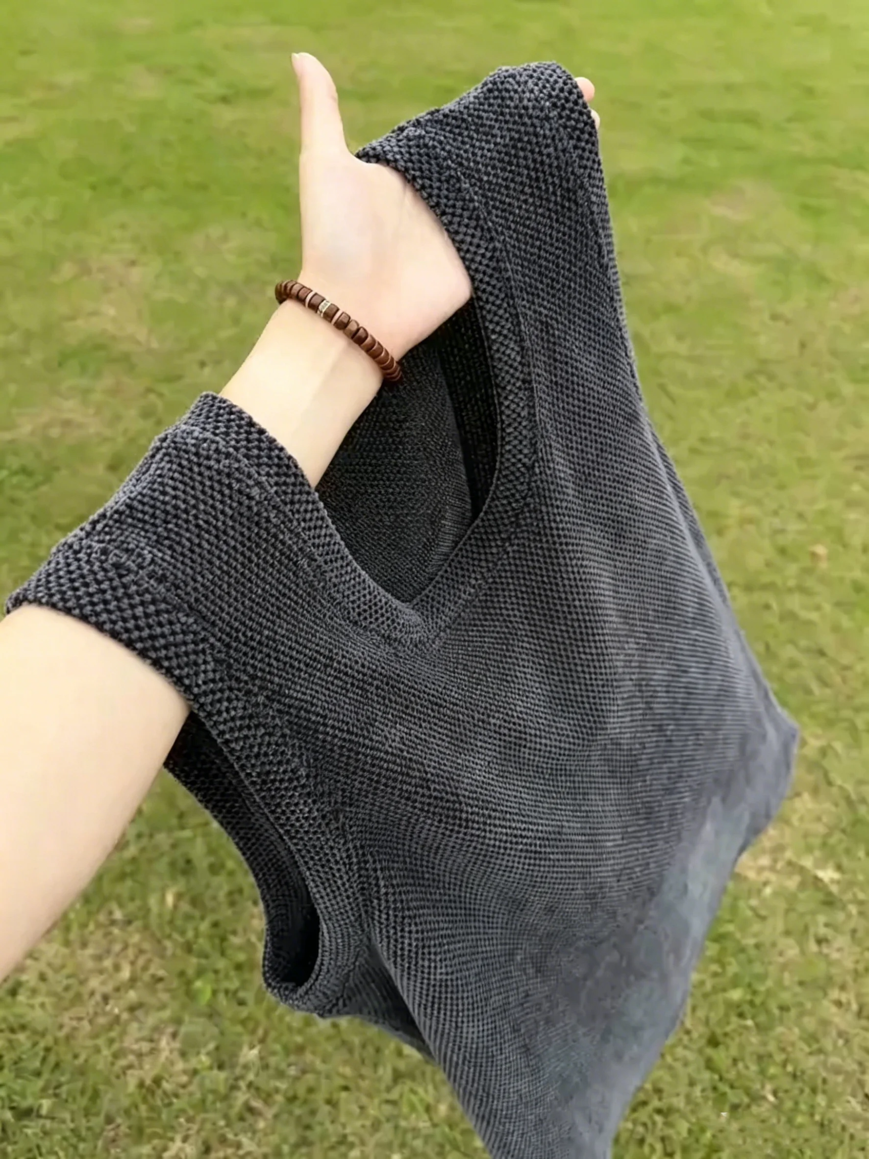 Deep Grey Dragon Scale Knitted Vest Men's Summer Trendy Sporty Sleeveless American Style Tank Top Breathable Outerwear