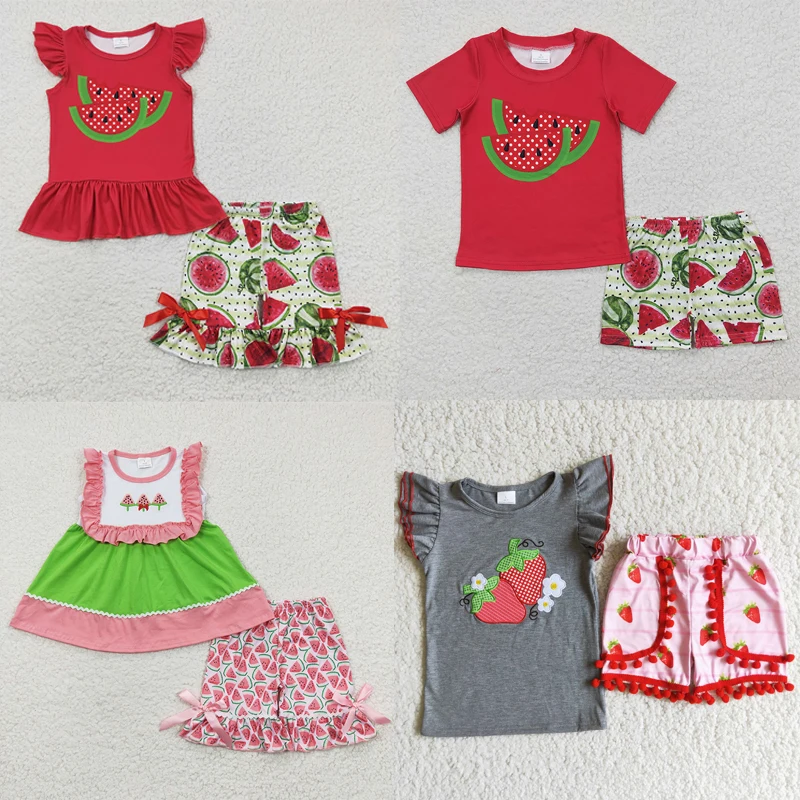 

Wholesale Baby Girl Summer Fruit Clothing Toddler Watermelon Short Sleeves Shirt Ruffle Shorts Children Clothes Kid Set Outfit