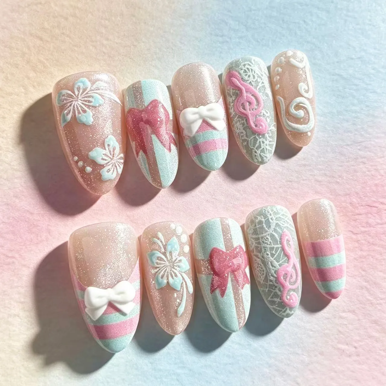 24Pcs Almond Design Nails Sets Press on Relief Flower Gilded Star False Nails Art Tips Gradient Stick on Reusable Fake Manicure