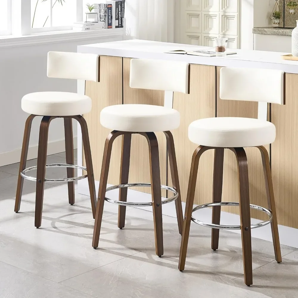Bar Height Bar Stools Set of 3, Faux Leather Kitchen Stools Upholstered Barstools with Back, Walnut Wood Legs, Tall Bar S