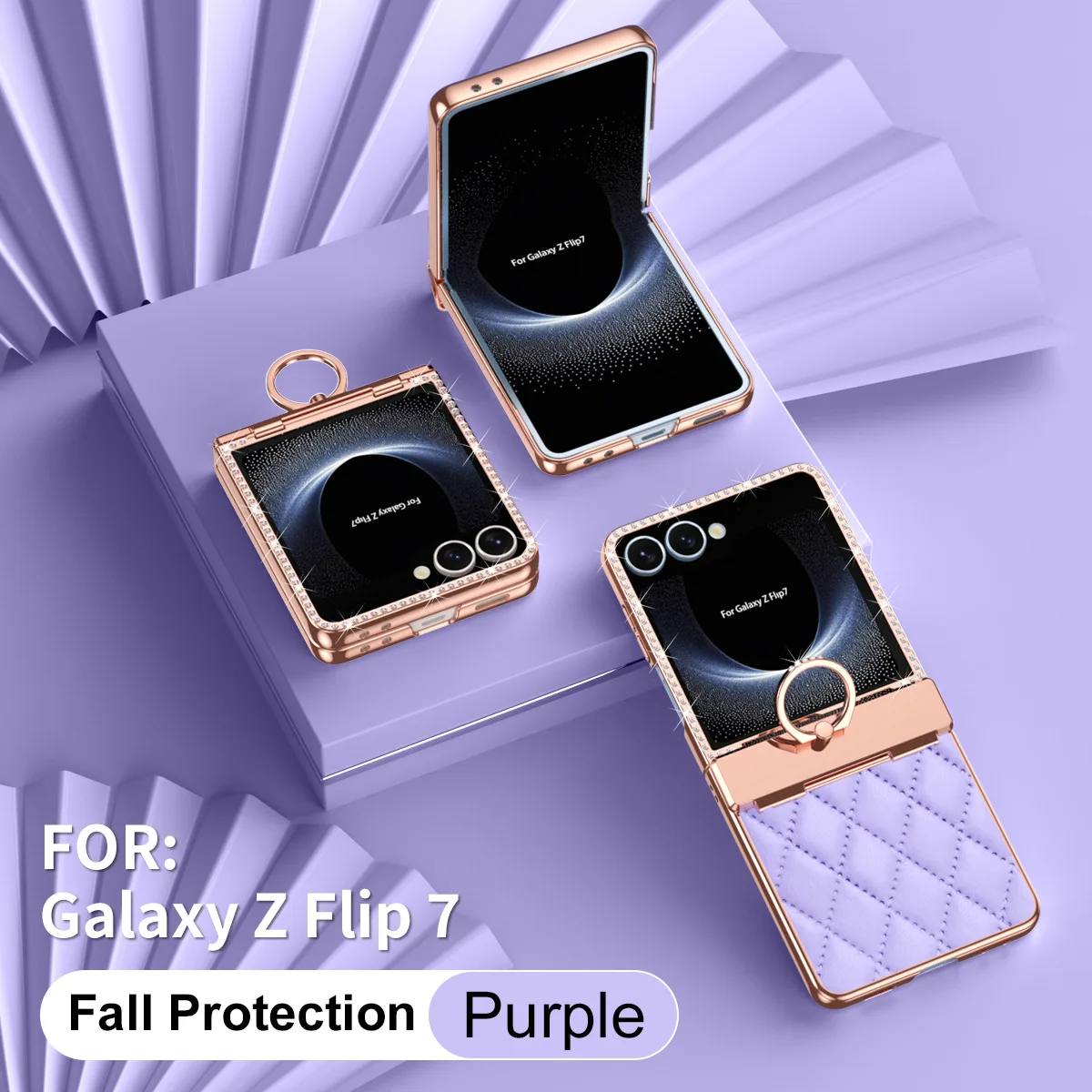 

Роскошный кожаный однотонный чехол для телефона с бриллиантовым покрытием для Samsung Galaxy Z Flip 7 6 5 4 3 Flip7 FE, защитное кольцо-кронштейн с петлями