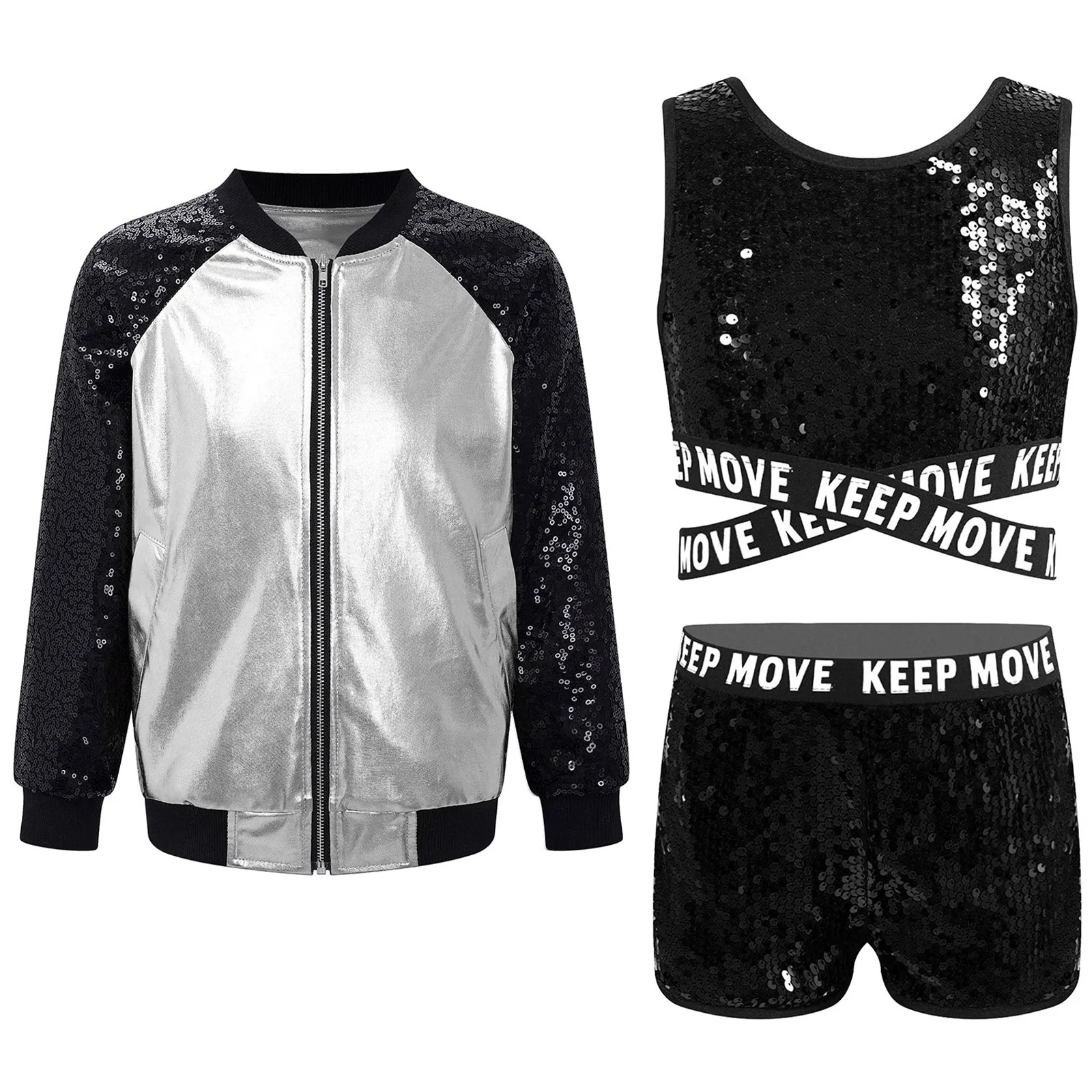 

Kids Girls Hip Hop Dance Outfit Metallic Long Sleeve Zipper Jacket Coat+Spaghetti Shoulder Straps Vest+Shorts 3Pcs Sports Suit