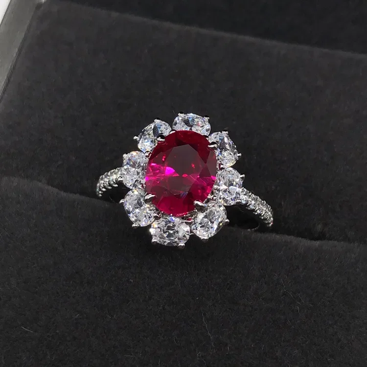 Solid Platinum PT950 Egg Shaped 2 Carat Pigeon Blood Ruby/Blue Diamond Ring 14K Gold Court Style Luxury