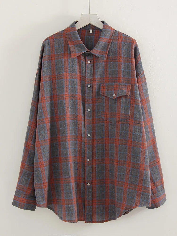 

Oversized Plaid Shirt Women 2026 Spring Loose Vintage Long Shirts Full Sleeve Women Plaid Brown Oversized Shirt Blue