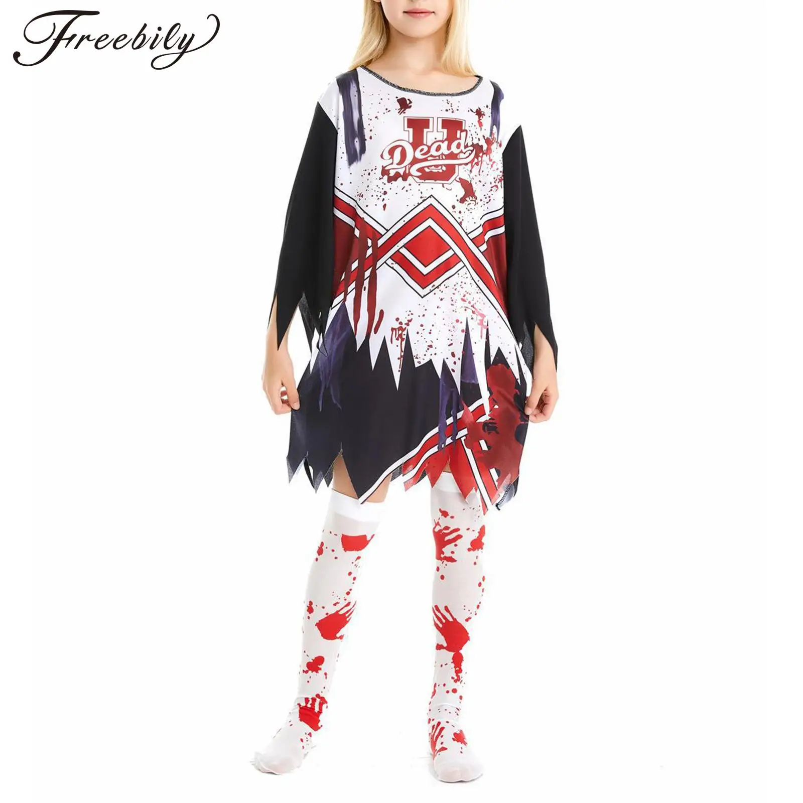 

Kids Girls Halloween Party Horror Zombie Cosplay Costume Cheerleading Dance Outfits Bloody Dress with Stockings Flower Balls